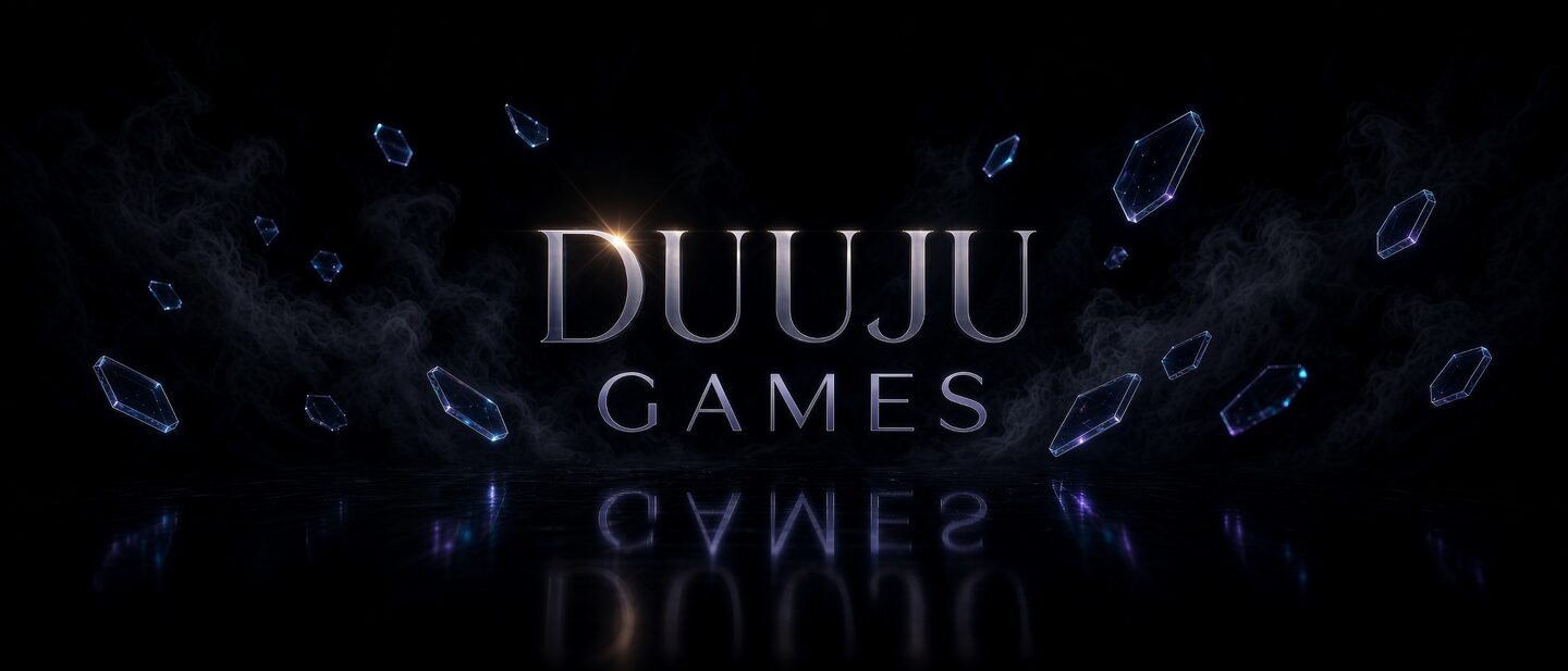 Duuju Games wordmark in polished silver, surrounded by drifting crystal shards and smoke over a dark reflective floor